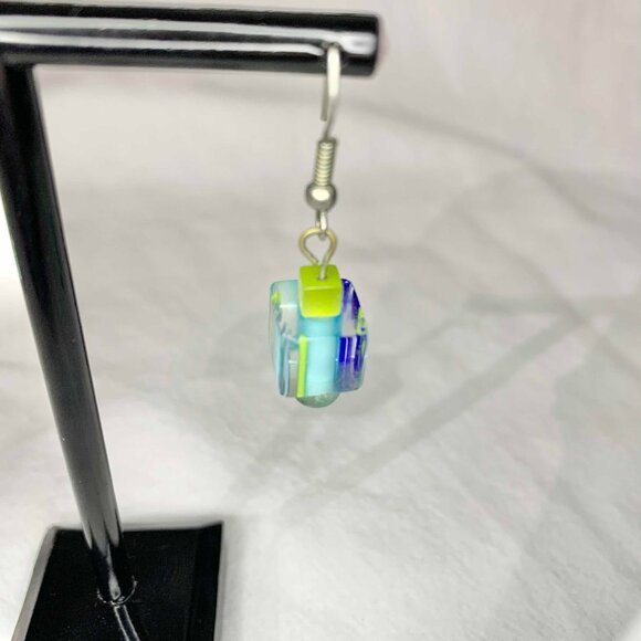 Handmade Art Glass Dangle Earrings Fused Cube Jewelry Blue Yellow Green Abstract - Picture 3 of 5